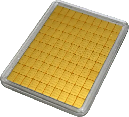 Obenansicht Goldbarren Combibar Goldtafel 100x0,5 Gramm in durchsichtiger Plastikkapsel, der Hersteller Valcambi