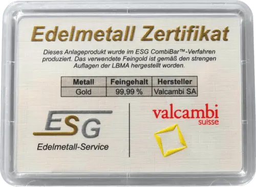 Edelmetall Zertifikat für 100x0,5 Gramm Combibar Goldtafel