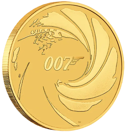 Seitenansicht Goldmünze 1 Unze 07 James Bond 2020, der Hersteller Perth Mint