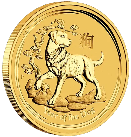 Seitenansicht Goldmünze 1 Unze Lunar II Hund 2018, der Hersteller Perth Mint Australia