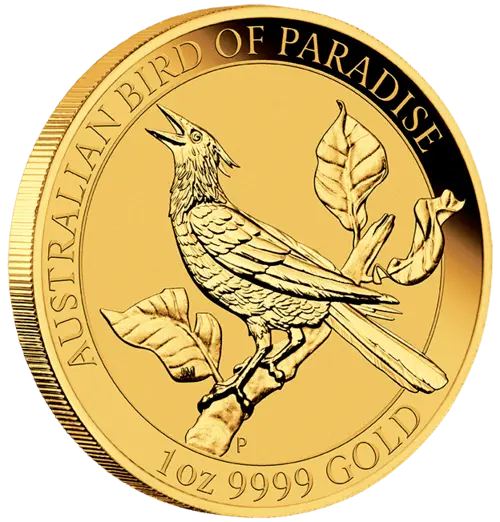 Seitenansicht Goldmünze Australien Birds of Paradise - Manucodia Paradiesvogel 2019 1 Unze, der Hersteller Perth Mint Australia