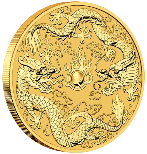 Seitenansicht Goldmünze 1 Unze Australien Dragon & Dragon 2020, der Hersteller Perth Mint Australia