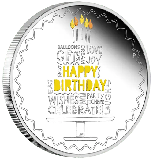 Vorderseite und Rand der 1 Unze Silber Happy Birthday 2021 - Polierte Platte von Hersteller Perth Mint