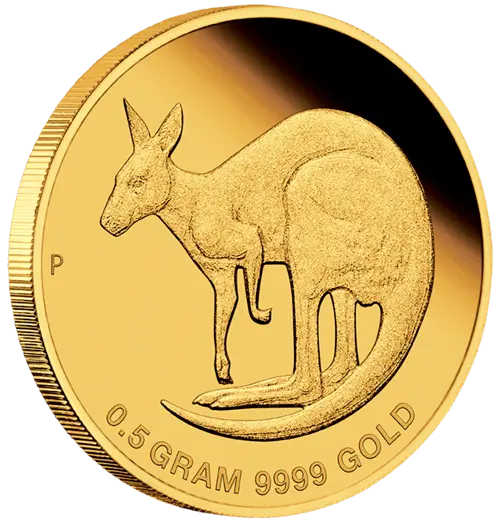 Seitenansicht Goldmünze 0,5 Gramm Australien Mini Roo 2021, der Hersteller Perth Mint Australia