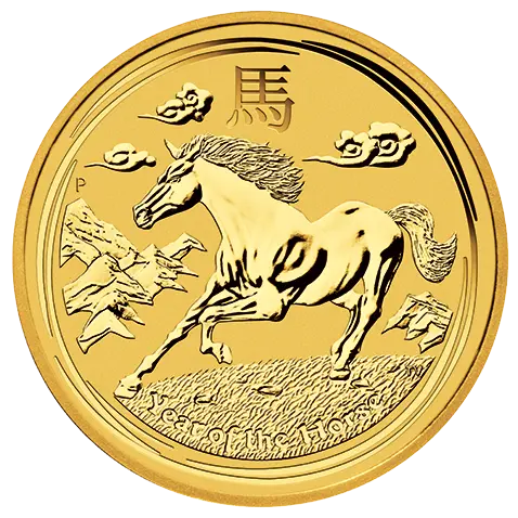 Vorderseite der 1/20 Unze Gold Lunar Pferd 2014 | Vorderseite der 2014er 1/20 oz Lunar Motiv Pferd aus Gold der Perth Mint Australia 