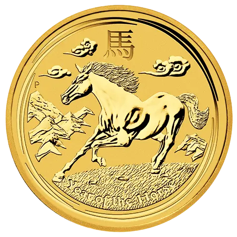 Vorderseite der 2 Unzen Gold Lunar Pferd 2014 | Vorderseite der 2014er 2 oz Lunar Motiv Pferd aus Gold der Perth Mint Australia 