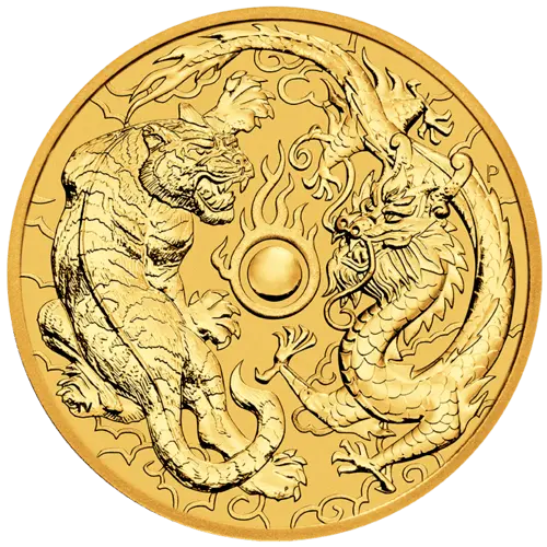 Vorderseite Goldmünze 1 Unze Australien Dragon & Tiger 2019, der Hersteller Perth Mint Australia