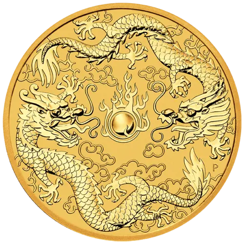 Vorderseite Goldmünze 1 Unze Australien Dragon & Dragon 2020, der Hersteller Perth Mint Australia