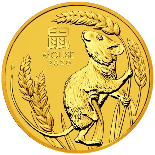 Vorderseite Goldmünze 1 Unze Lunar III Maus 2020, der Hersteller Perth Mint Australia