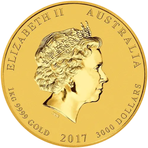 Rückseite Goldmünze 1 Kilogramm Lunar II Hahn 2017, der Hersteller Perth Mint Australia