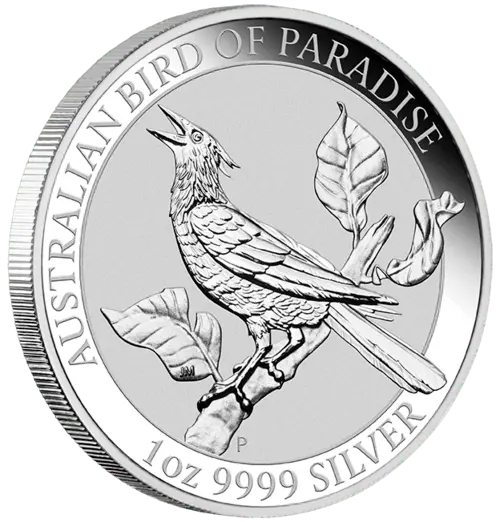 Vorderseite und Rand der 1 Unze Silber Australian Birds of Paradise - Manucodia Paradiesvogel 2019 von Hersteller Perth Mint