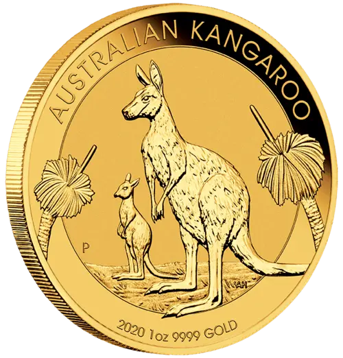 Seitenansicht Goldmünze 1 Unze Australien Känguru 2020, der Hersteller Perth Mint Australia