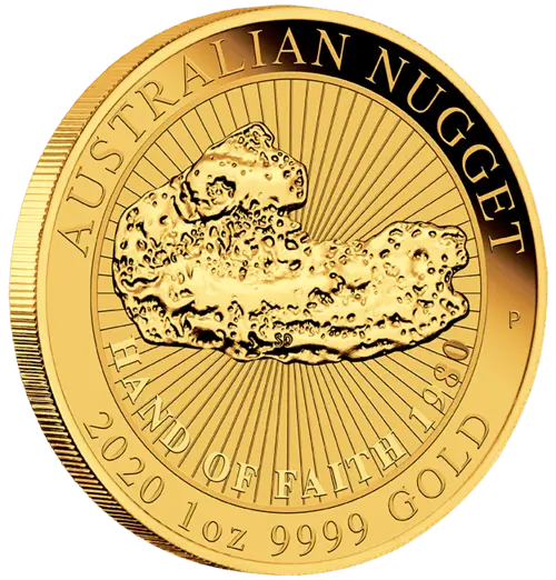 Seitenansicht Goldmünze 1 Unze Australian Nugget Hand of Faith 2020, der Hersteller Perth Mint Australia