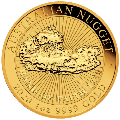 Vorderseite Goldmünze 1 Unze Australian Nugget Hand of Faith 2020, der Hersteller Perth Mint Australia