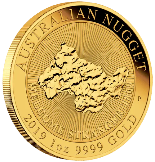 Seitenansicht Vorderseite Goldmünze 1 Unze Australian Nugget Welcome Stranger 2019, der Hersteller Perth Mint Australia