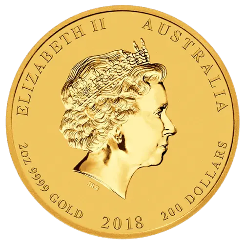 Rückrseite Goldmünze 2 Unzen Lunar II Hund 2018, der Hersteller Perth Mint Australia