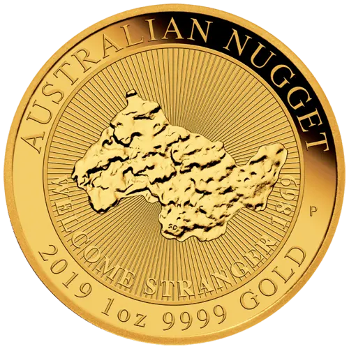 Vorderseite Goldmünze 1 Unze Australian Nugget Welcome Stranger 2019, der Hersteller Perth Mint Australia