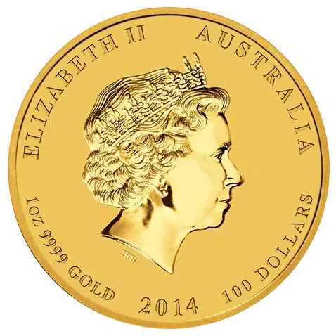 Rückseite Goldmünze 1 Unze Lunar II Pferd 2014, der Hersteller Perth Mint Australia