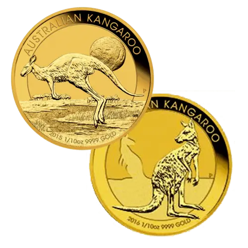 Vorderseite 2 unterschiedliche Goldmünzen 1/10 Unze Australien Känguru diverse Jahrgänge, der Hersteller Perth Mint Australia