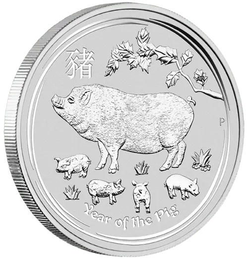 Vorderseite und Rand der 1 Unze Silber Lunar II Schwein 2019 von Hersteller Perth Mint