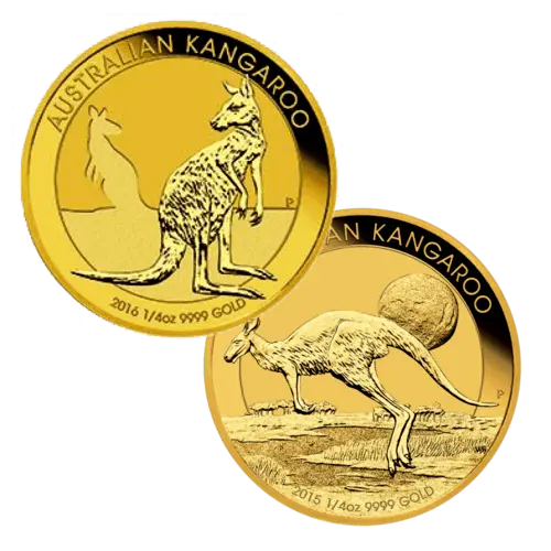 Vorderseite unterschiedlicher Goldmünzen 1/4 Unze Australien Känguru diverse Jahrgänge, der Hersteller Perth Mint Australia