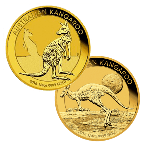 Vorderseite unterschiedlicher Goldmünzen 1/4 Unze Australien Känguru diverse Jahrgänge, der Hersteller Perth Mint Australia