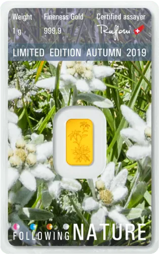 Rückseite Goldbarren Following Nature Autumn 2019 1 Gramm, der Hersteller Argor-Heraeus