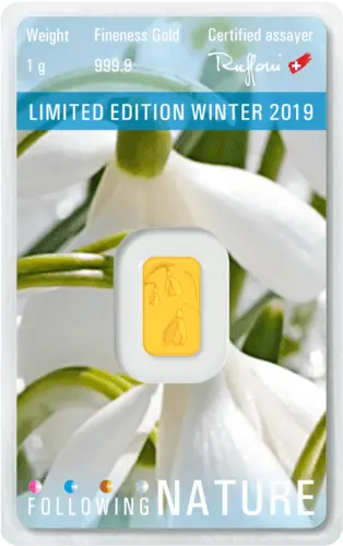 Rückseite Goldbarren Following Nature Limited Edition Winter 2019/20 1 Gramm, der Hersteller Argor-Heraeus