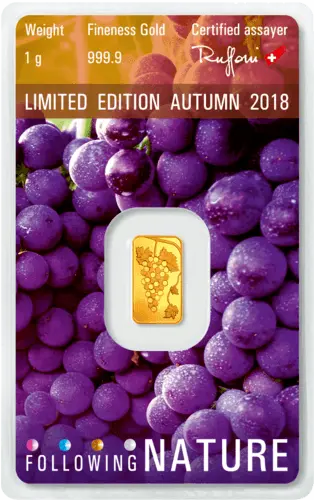 Rückseite Goldbarren Following Nature Limited Edition Autumn 2018 1 Gramm, der Hersteller Argor-Heraeus