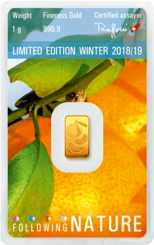 Rückseite Goldbarren Following Nature Limited Edition Winter 2018/19 1 Gramm, der Hersteller Argor-Heraeus