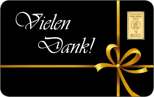 Vorderseite Goldbarren FineCard Vielen Dank 1 Gramm, der Hersteller Heimerle & Meule