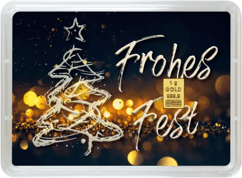 Vorderseite Geschenkgoldbarren Frohes Fest 1 Gramm, der Hersteller Valcambi