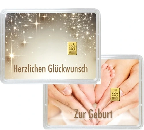 Vorderseite Geschenkgoldbarren Herzlichen Glückwunsch zur Geburt 1 Gramm, der Hersteller Valcambi