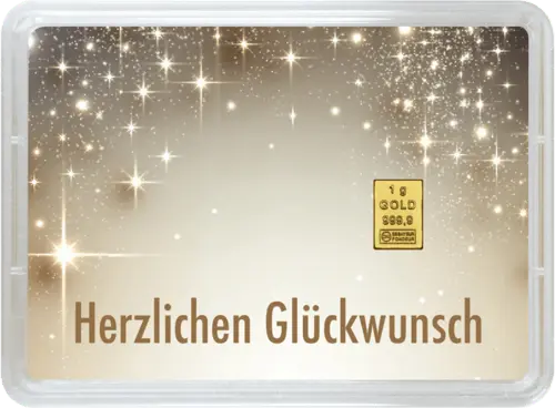 Vorderseite Geschenkgoldbarren Herzlichen Glückwunsch zur Geburt 1 Gramm, der Hersteller Valcambi