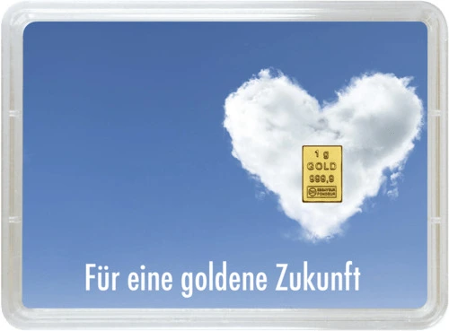 Vorderseite Geschenkgoldbarren Für eine goldene Zukunft 1 Gramm in spezieller Blisterkarte mit Zertifikat, der Hersteller Valcambi