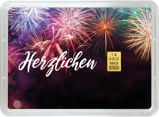 Vorderseite Geschenkgoldbarren Herzlichen Glückwunsch 1 Gramm in spezieller Blisterkarte mit Zertifikat, der Hersteller Valcambi