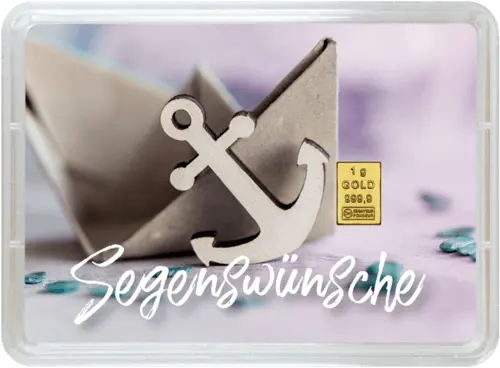 Vorderseite Geschenkgoldbarren Segenswünsche zur Taufe 1 Gramm, der Hersteller Valcambi