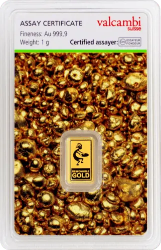 Rückseite Goldbarren Fairtrade 1 Gramm in spezieller Blisterkarte mit Zertifikat, der Hersteller Argor-Heraeus