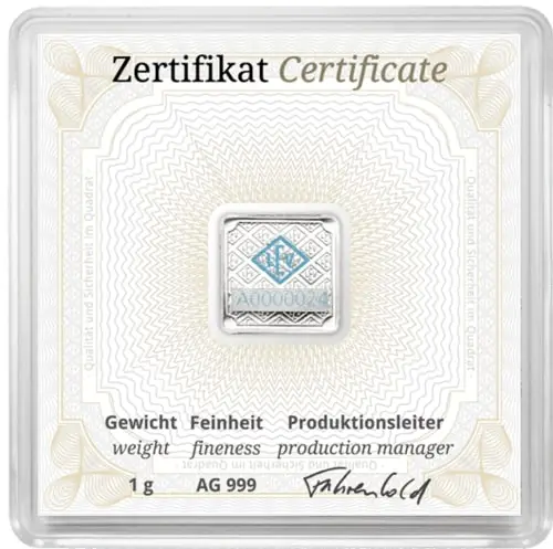 Rückseite des 1 g Silberbarren Geiger original von Hersteller Geiger Edelmetalle AG inkl. Echtheitszertifikat