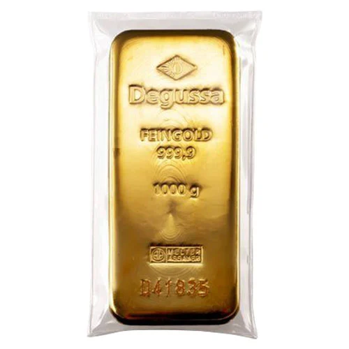 1 kg Goldbarren Degussa gegossen Vorderseite Verpackung