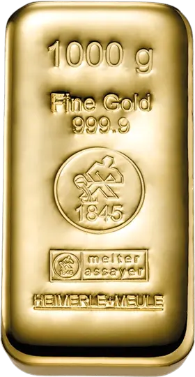 Vorderseite Goldbarren 1 Kilogramm, der Hersteller Heimerle und Meule