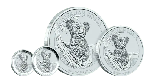 Verschiedene Größen der 1 kg Silber Australian Koala 2015 von Hersteller Perth Mint