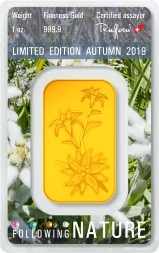 Rückseite Goldbarren Following Nature Limited Edition Autumn 2019 1 Unze, der Hersteller Argor-Heraeus