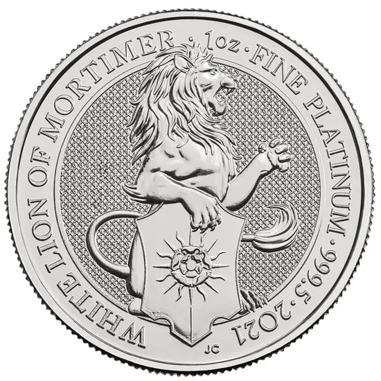 Vorderseite der 1 Unze Platin The Queen´s Beasts - White Lion of Mortimer 2021 Münze vom Hersteller Royal Mint