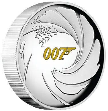 Schrägansicht 1 Unze Silber 007 James Bond 2020 - Polierte Platte / High Relief, von dem Hersteller Perth Mint