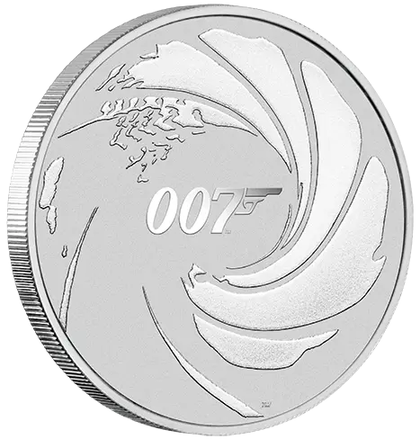 Vorderseite und Rand 1 Unze Silber 007 James Bond 2020, von dem Hersteller Perth Mint