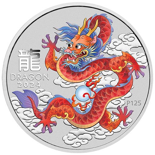 1 Unze Silber Lunar III Drache 2024 Farbmünze Rot Motiv: Auflage 200.000