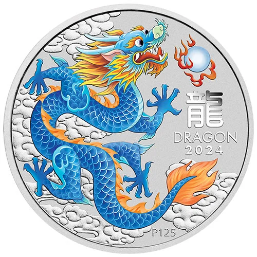 1 Unze Silber Lunar III Drache 2024 Farbmünze Blau: Feinheit: 999,9