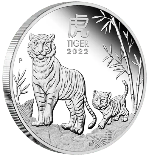 Vorderseite und Rand der 1 Unze Silber Lunar III Tiger 2022 von Hersteller Perth Mint