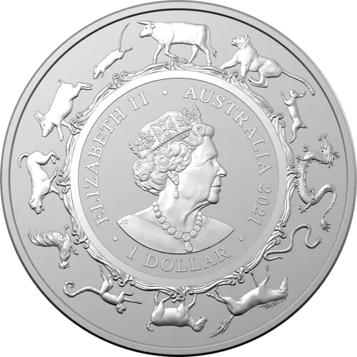 Rückseite der 1 Unze Silber Australien (RAM) Lunar II Ochse 2021 von Hersteller Royal Australian Mint